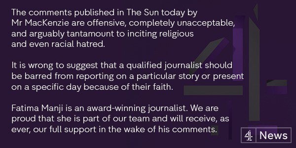 Channel 4 News condemns Kelvin MacKenzie's Sun column for inciting ‘religious and even racial hatred’