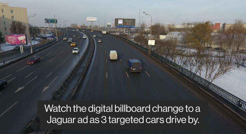 Moscow digital billboards advertise Jaguar to drivers with high end cars and incomes